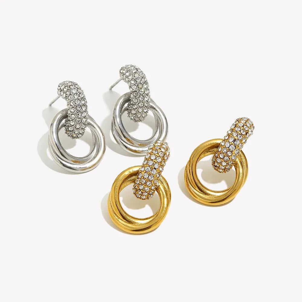 Brincos Duplos de Zircão em Aço Inoxidável