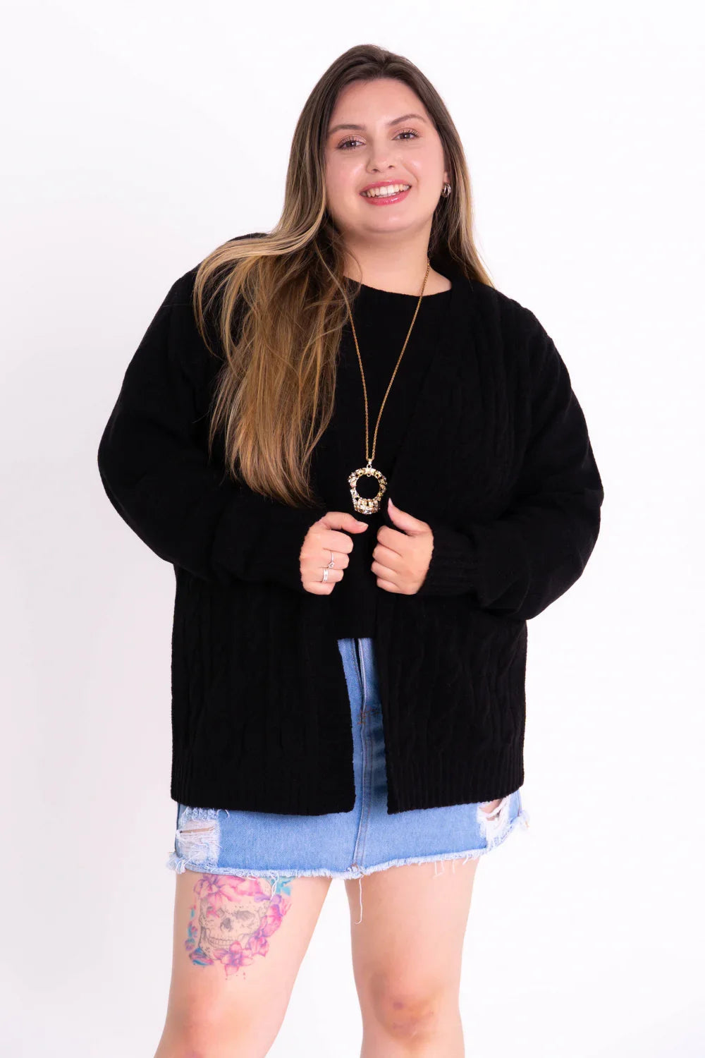 Conjunto Plus Size de Tricot Feminino com Blusa e Cardigan