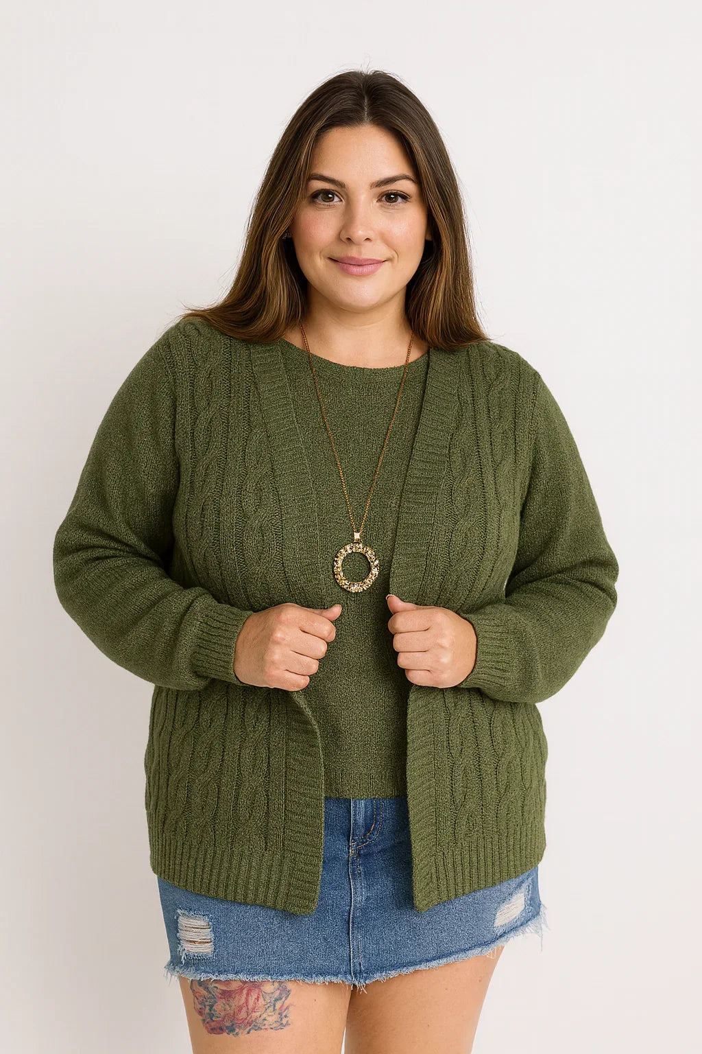 Conjunto Plus Size de Tricot Feminino com Blusa e Cardigan