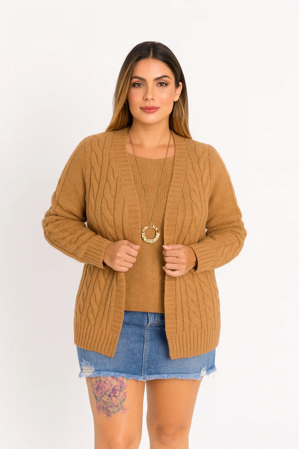 Conjunto Plus Size de Tricot Feminino com Blusa e Cardigan
