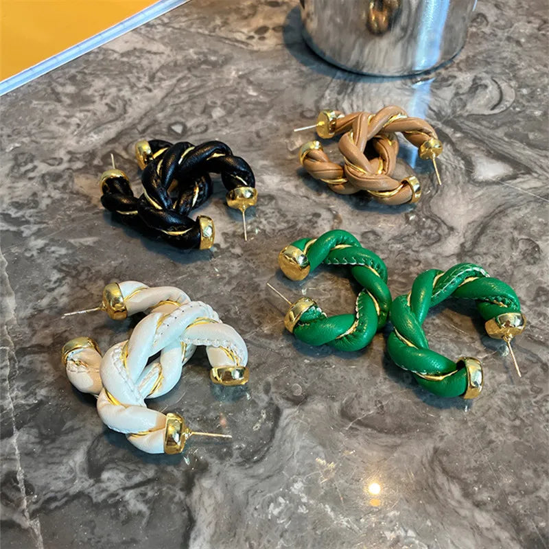 Brincos Geométricos de Couro e Metal - Estilo Europeu