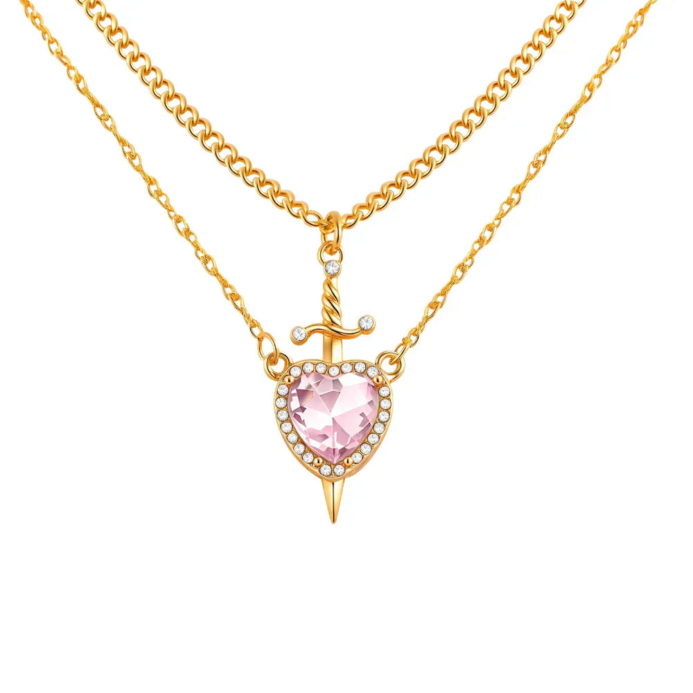 Colar Pingente Coração e Espada com Zircão Banhado a Ouro