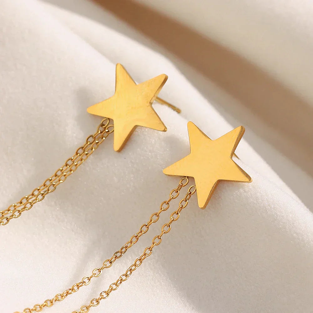 Brincos Estrela de Borla em Aço Inoxidável Banhado a Ouro