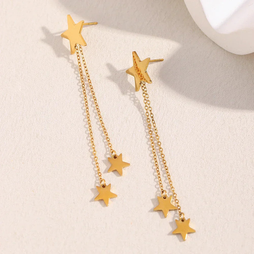 Brincos Estrela de Borla em Aço Inoxidável Banhado a Ouro