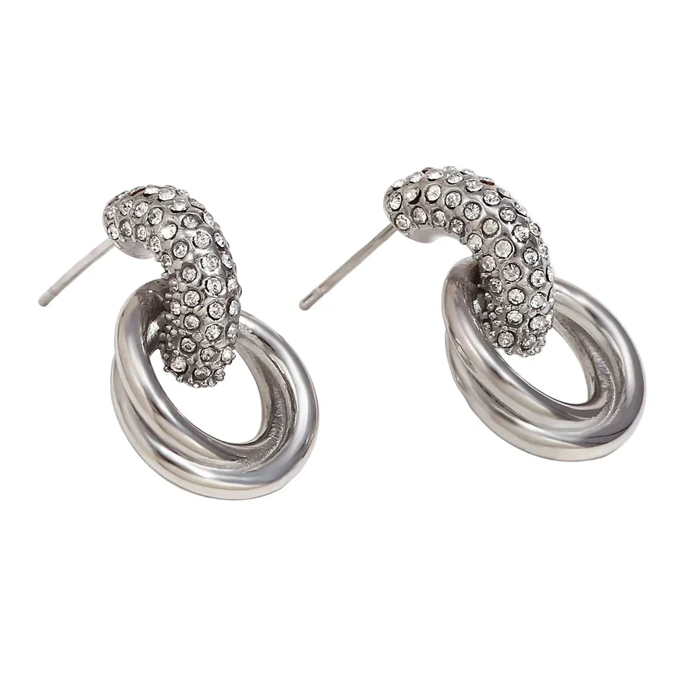 Brincos Duplos de Zircão em Aço Inoxidável
