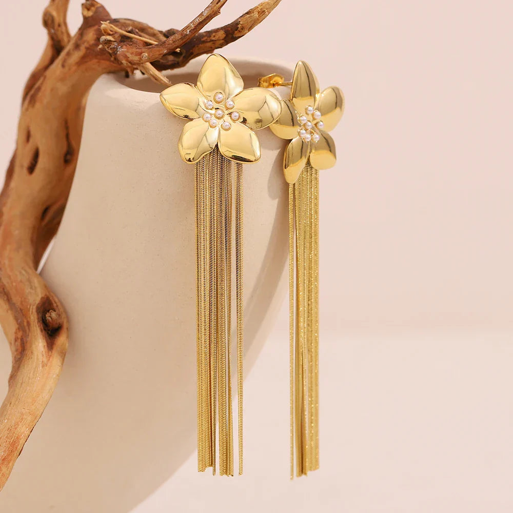 Brincos Florais de Borla Banhados a Ouro 18K