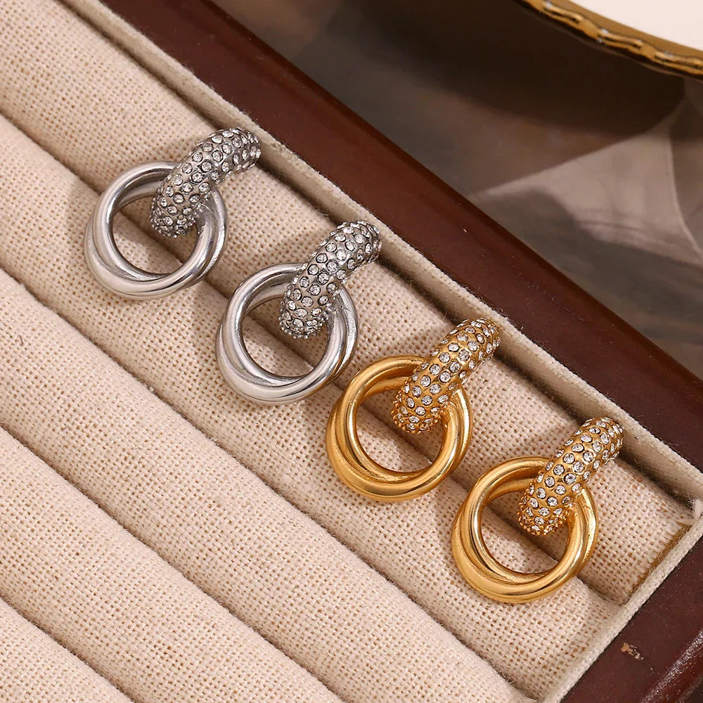 Brincos Duplos de Zircão em Aço Inoxidável