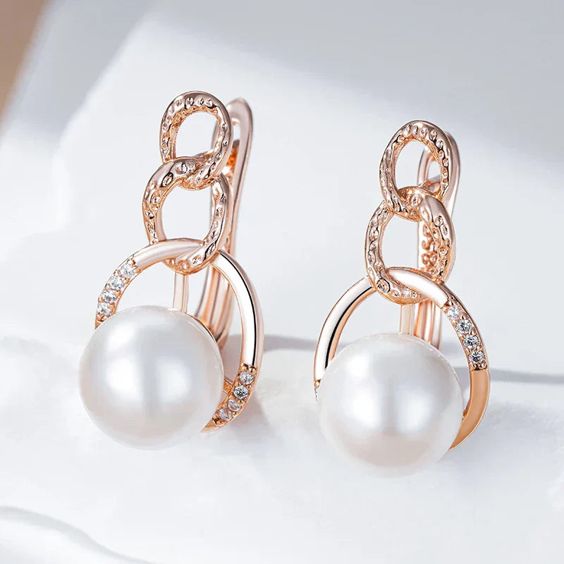 Brincos Geométricos de Pérola com Zircão Natural em Ouro Rosa