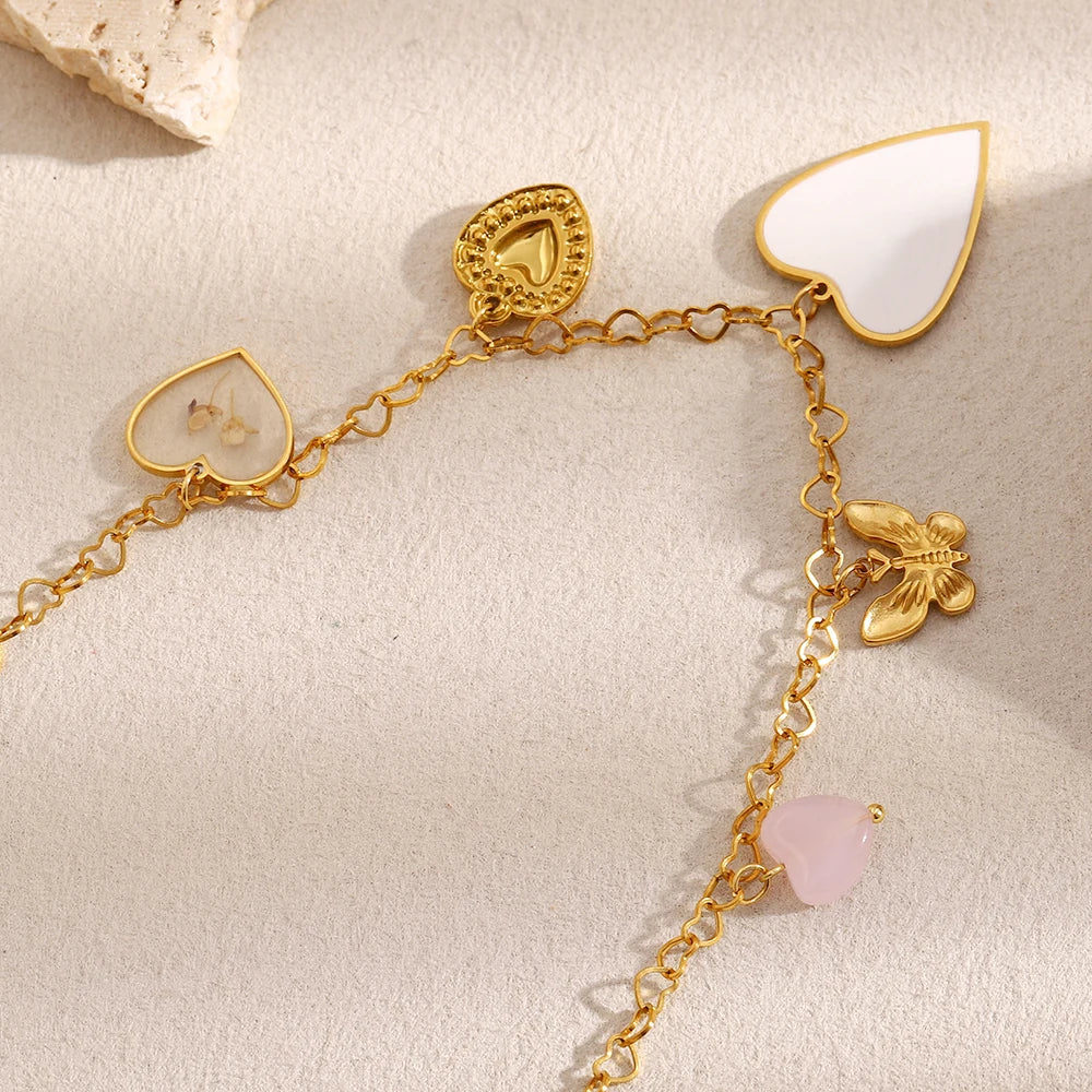 Colar Pingente de Coração e Borboleta em Aço Inoxidável