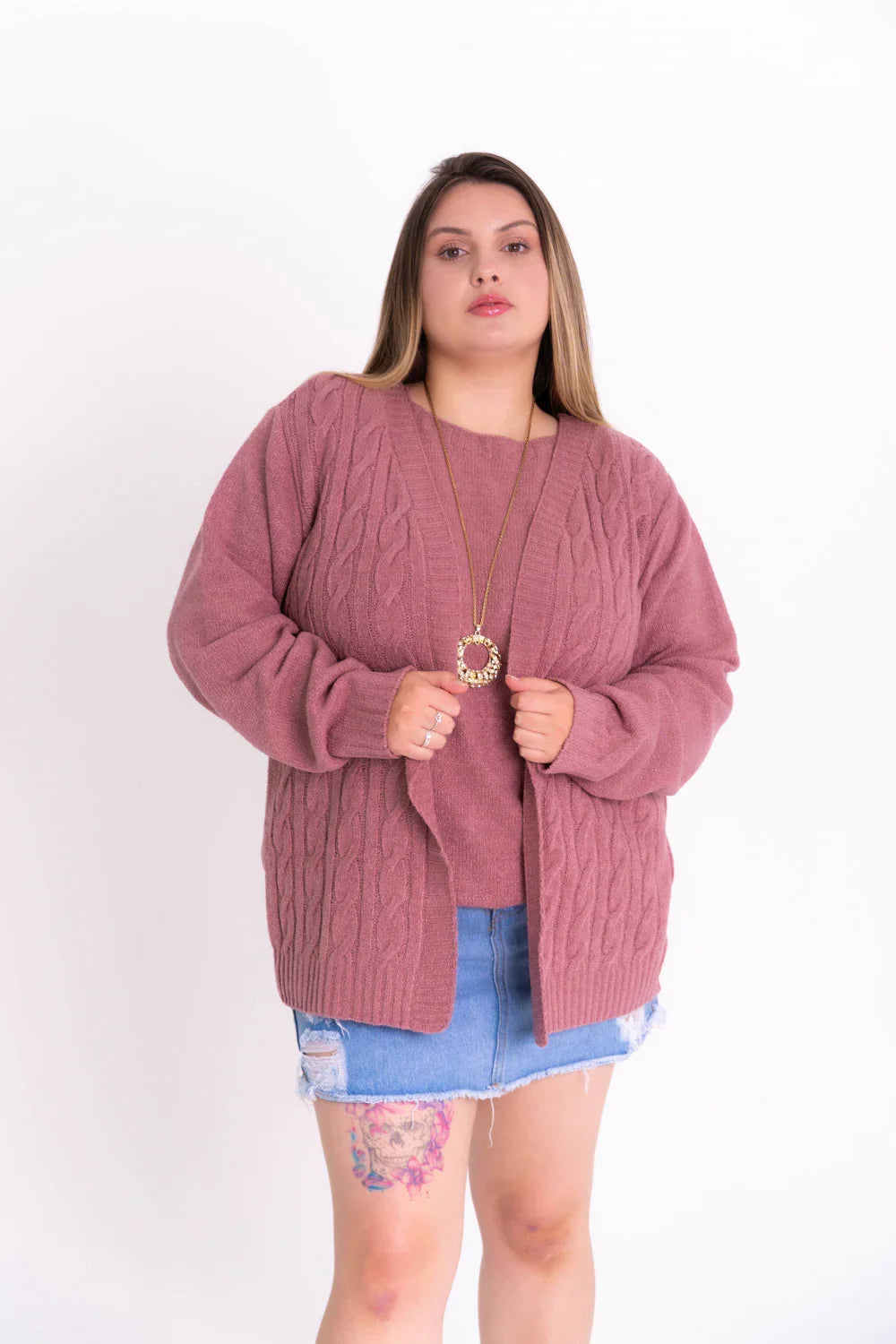 Conjunto Plus Size de Tricot Feminino com Blusa e Cardigan
